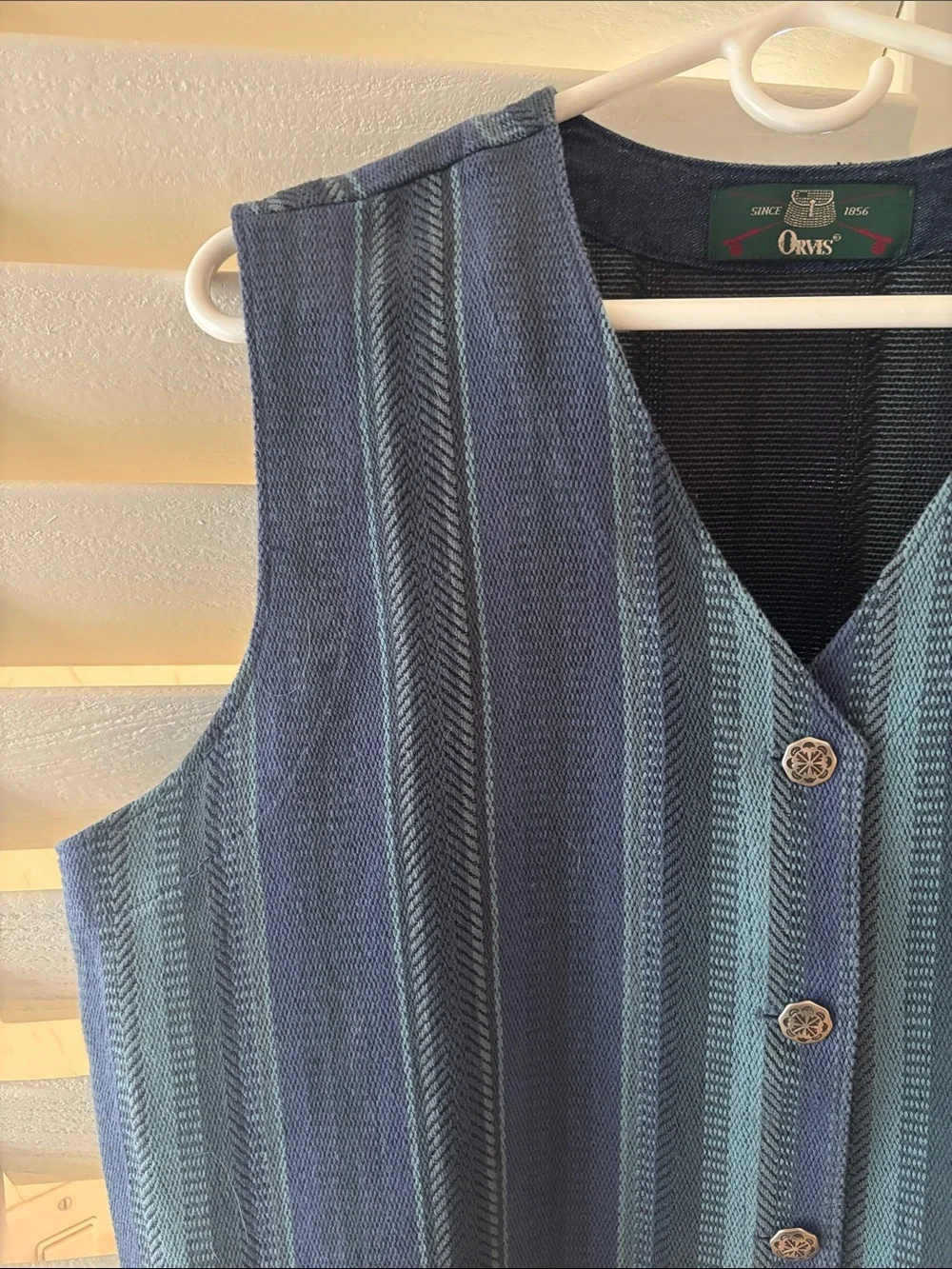 Orvis Navy and Light Blue Striped Button Vest Bohemian, Western , Gypsy  Style